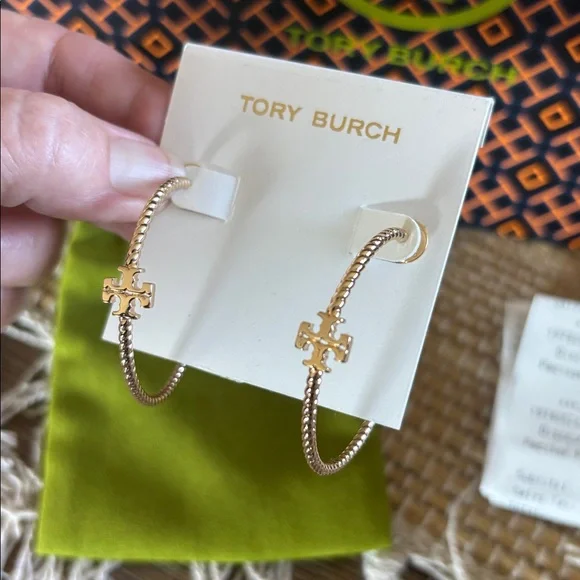 Tory Burch Gold Logo Textured Hoop Earrings - Picture 3 of 9